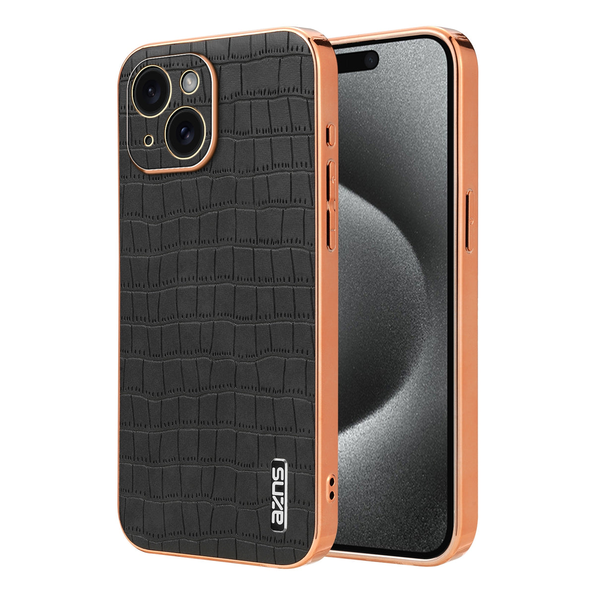 ELECTROPRIME For iPhone 15 Plus AZNS Electroplated Frame Crocodile Texture Full Coverage Phone Case(Black)
