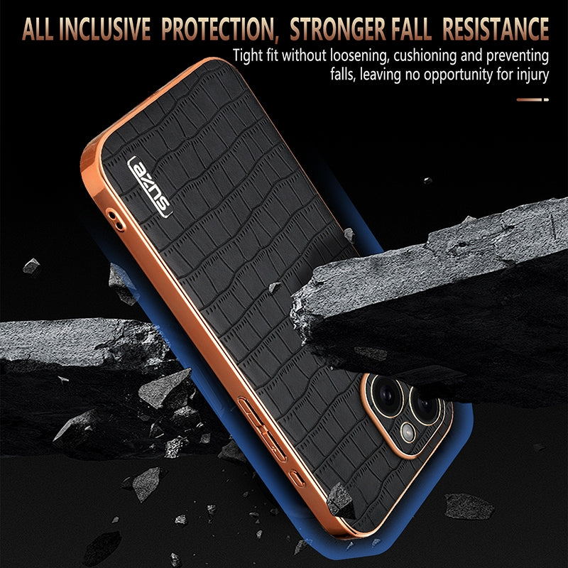 ELECTROPRIME For iPhone 15 Plus AZNS Electroplated Frame Crocodile Texture Full Coverage Phone Case(Black)