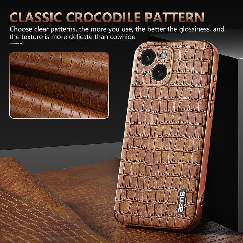 ELECTROPRIME For iPhone 15 Plus AZNS Electroplated Frame Crocodile Texture Full Coverage Phone Case(Black)