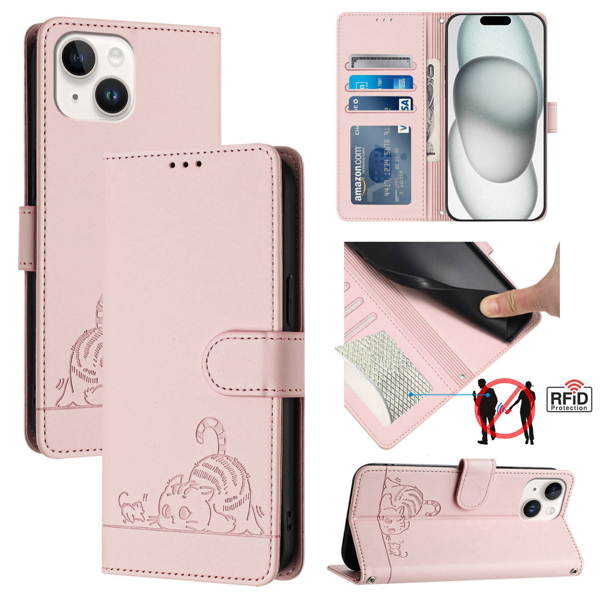 ELECTROPRIME For iPhone 15 Cat Rat Embossed Pattern RFID PU Phone Case with Wrist Strap(Pink)