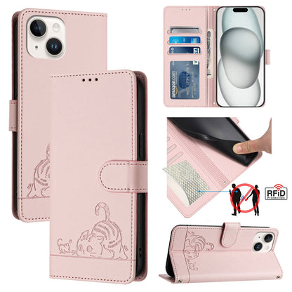 ELECTROPRIME For iPhone 15 Cat Rat Embossed Pattern RFID PU Phone Case with Wrist Strap(Pink)