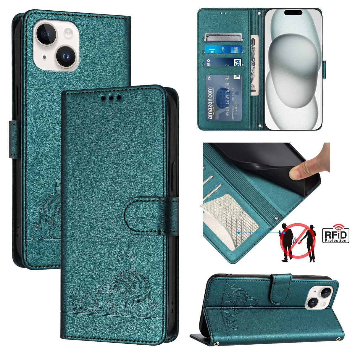 ELECTROPRIME For iPhone 15 Cat Rat Embossed Pattern RFID PU Phone Case with Wrist Strap(Peacock Green)