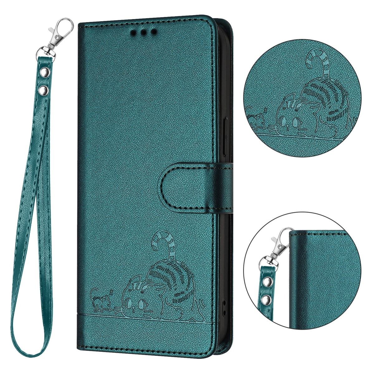 ELECTROPRIME For iPhone 15 Cat Rat Embossed Pattern RFID PU Phone Case with Wrist Strap(Peacock Green)