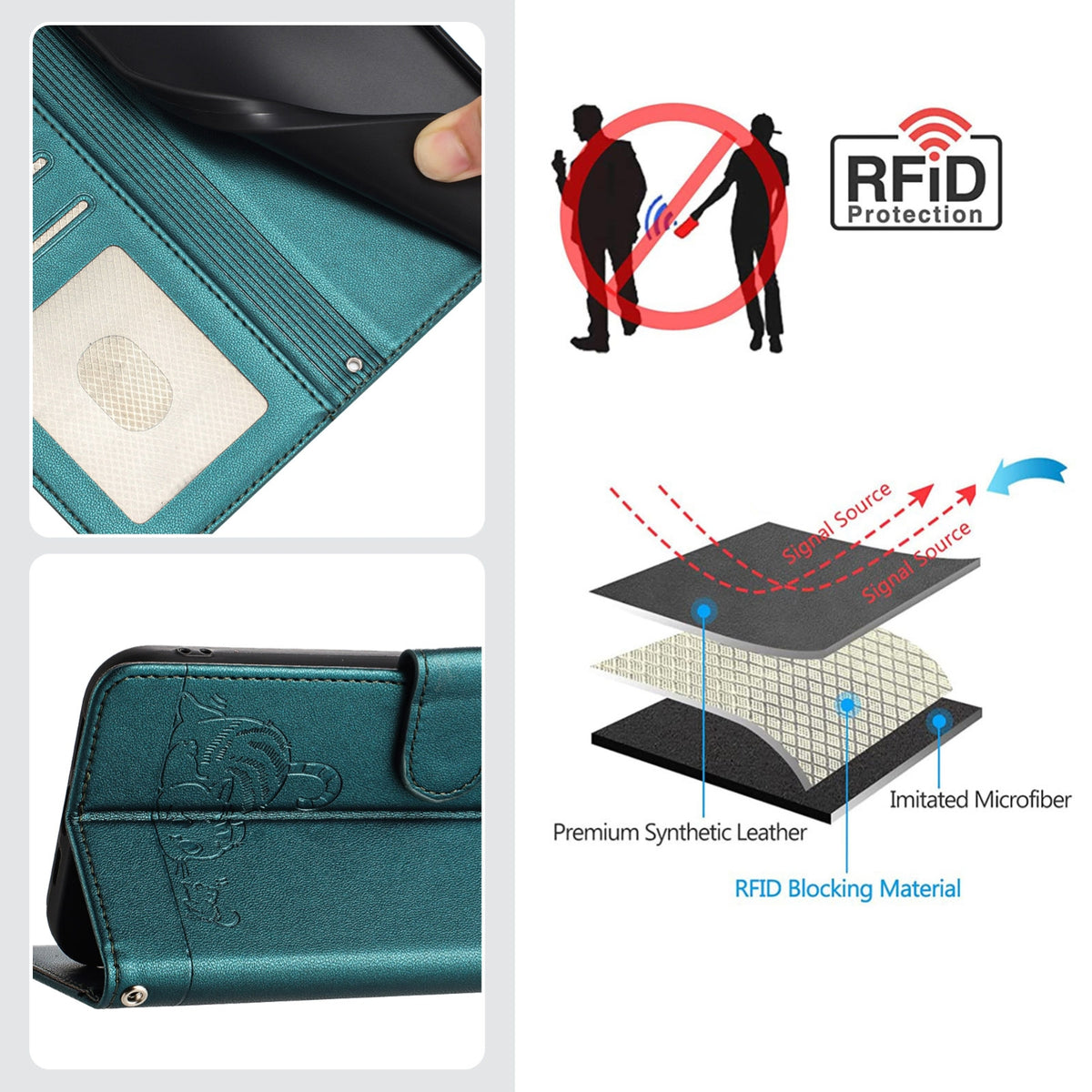 ELECTROPRIME For iPhone 15 Cat Rat Embossed Pattern RFID PU Phone Case with Wrist Strap(Peacock Green)