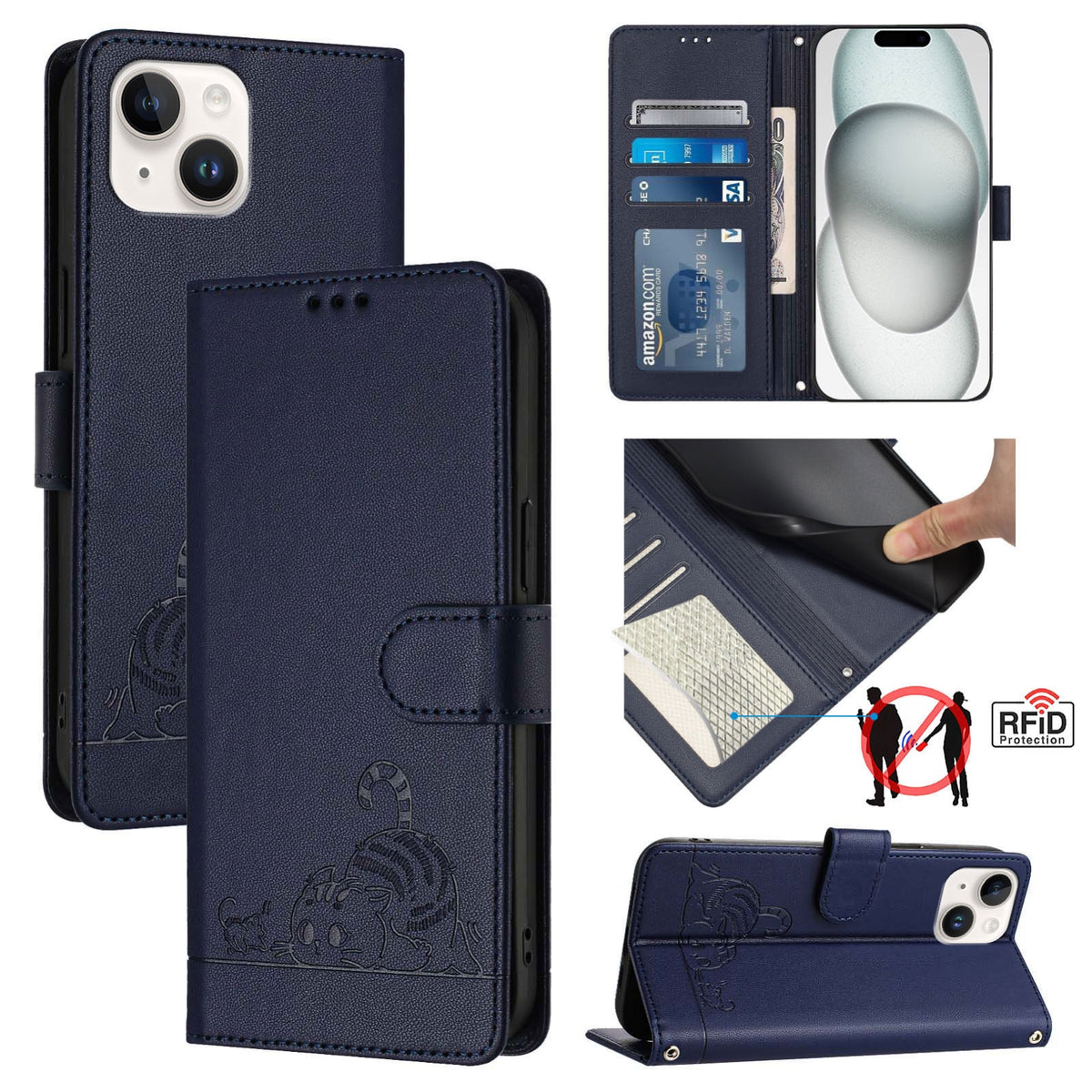 ELECTROPRIME For iPhone 15 Cat Rat Embossed Pattern RFID PU Phone Case with Wrist Strap(Blue)