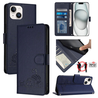 ELECTROPRIME For iPhone 15 Cat Rat Embossed Pattern RFID PU Phone Case with Wrist Strap(Blue)