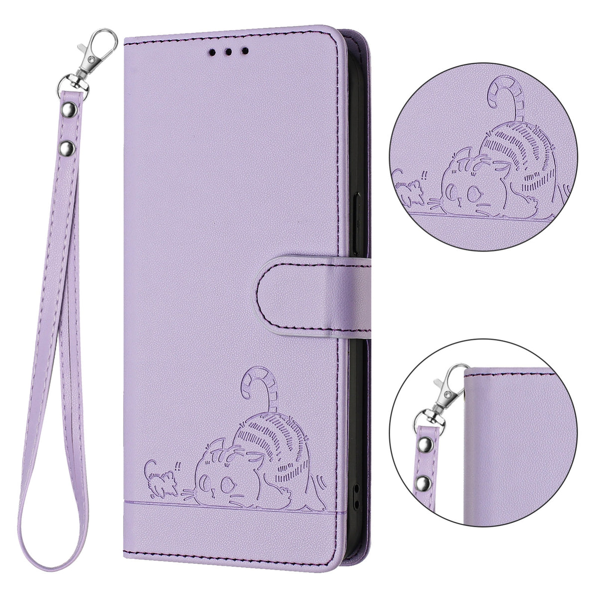 ELECTROPRIME For iPhone 15 Cat Rat Embossed Pattern RFID PU Phone Case with Wrist Strap(Purple)