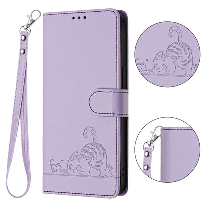 ELECTROPRIME For iPhone 15 Cat Rat Embossed Pattern RFID PU Phone Case with Wrist Strap(Purple)