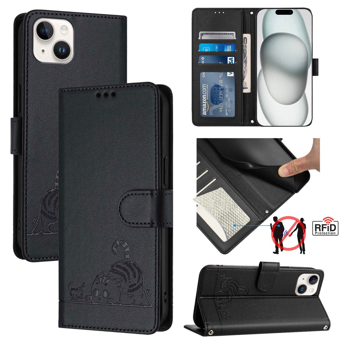 ELECTROPRIME For iPhone 15 Plus Cat Rat Embossed Pattern RFID PU Phone Case with Wrist Strap(Black)