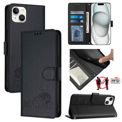 ELECTROPRIME For iPhone 15 Plus Cat Rat Embossed Pattern RFID PU Phone Case with Wrist Strap(Black)