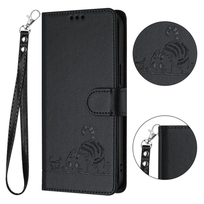 ELECTROPRIME For iPhone 15 Plus Cat Rat Embossed Pattern RFID PU Phone Case with Wrist Strap(Black)
