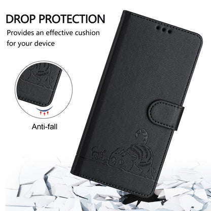 ELECTROPRIME For iPhone 15 Plus Cat Rat Embossed Pattern RFID PU Phone Case with Wrist Strap(Black)
