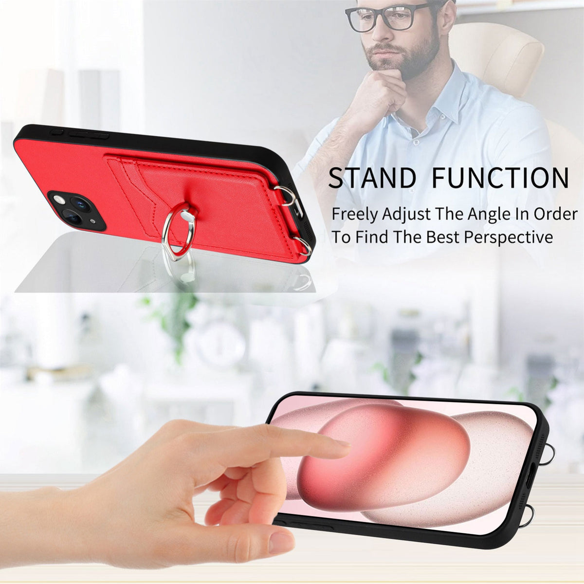 ELECTROPRIME For iPhone 15 Plus R20 Ring Card Holder Phone Case(Red)