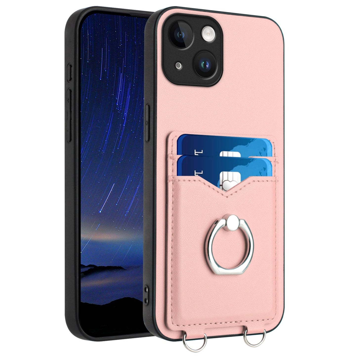 ELECTROPRIME For iPhone 15 R20 Ring Card Holder Phone Case(Pink)