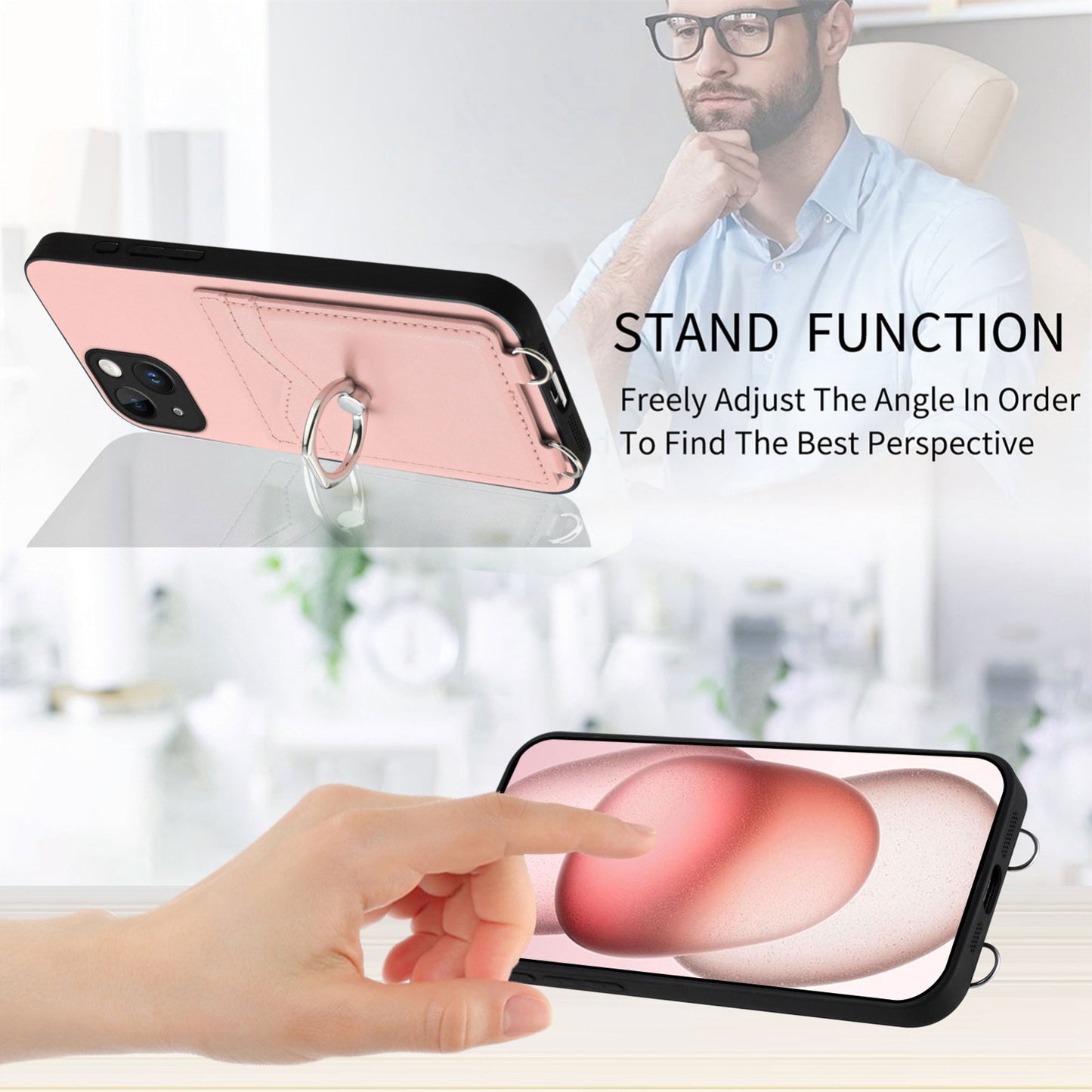 ELECTROPRIME For iPhone 15 R20 Ring Card Holder Phone Case(Pink)
