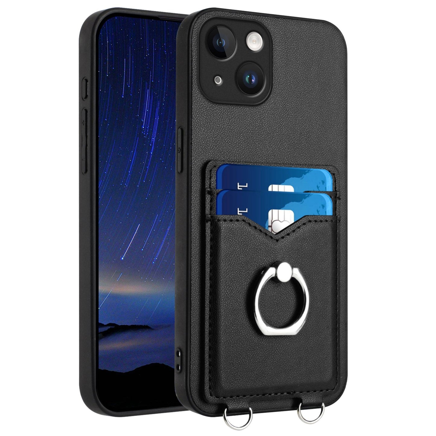 ELECTROPRIME For iPhone 15 R20 Ring Card Holder Phone Case(Black)