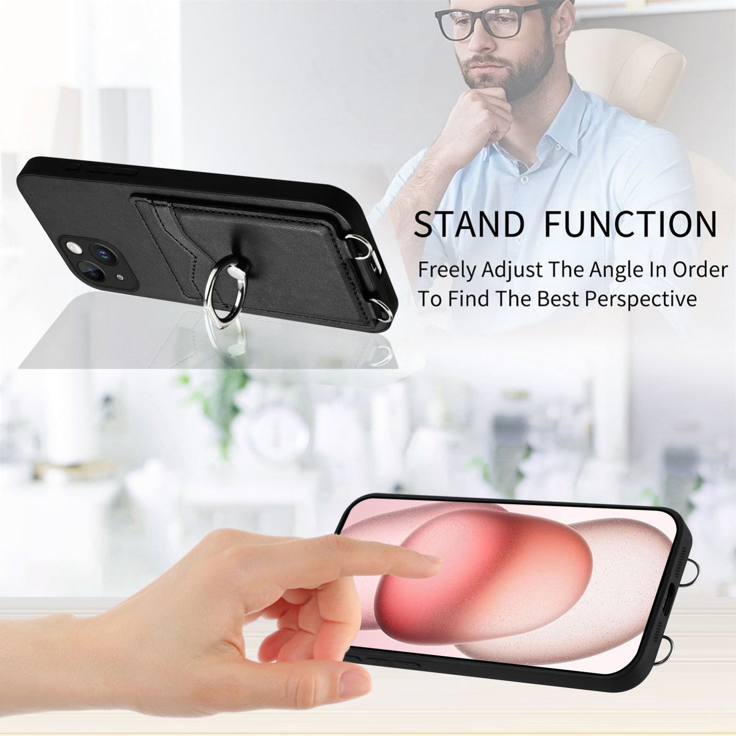 ELECTROPRIME For iPhone 15 R20 Ring Card Holder Phone Case(Black)