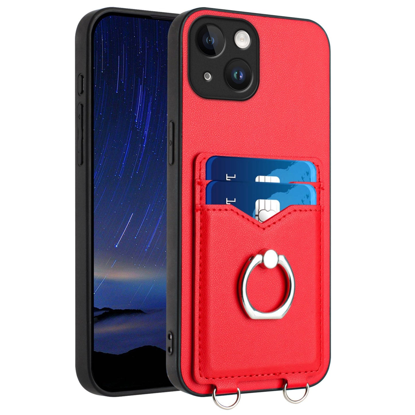 ELECTROPRIME For iPhone 15 R20 Ring Card Holder Phone Case(Red)