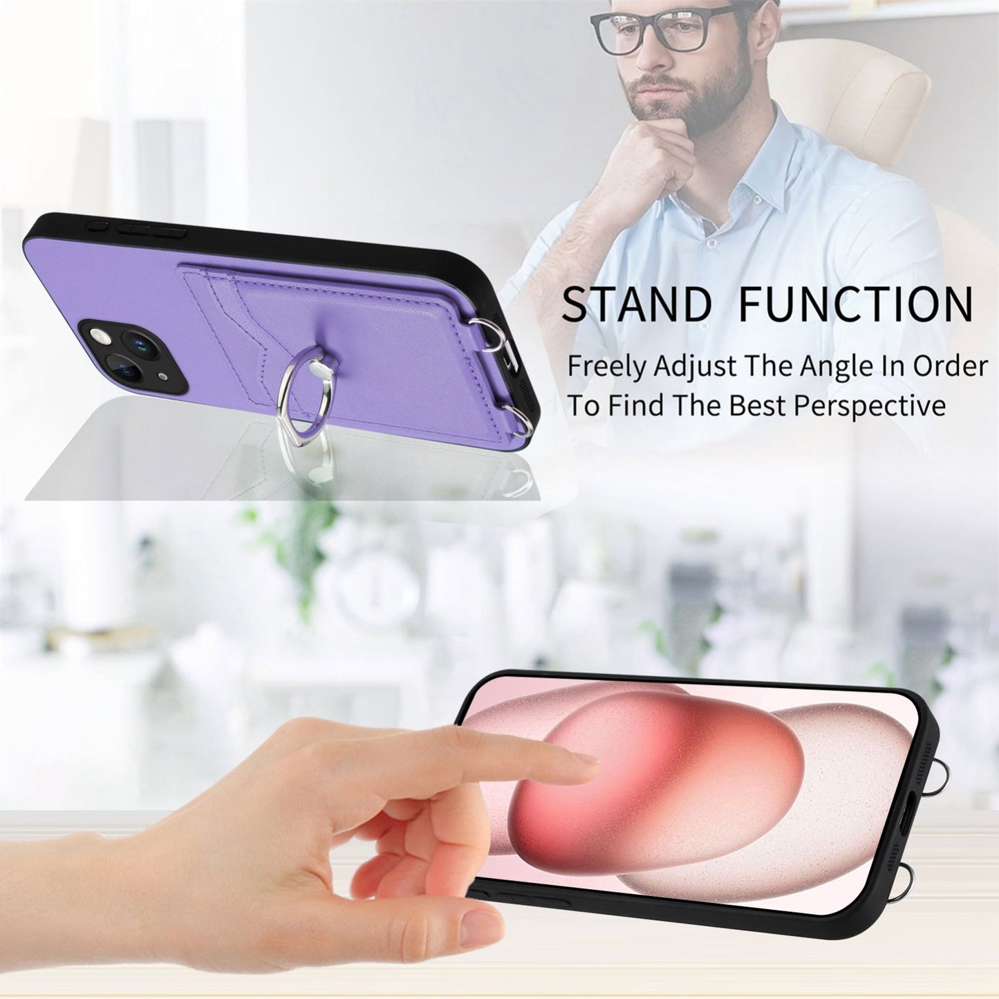 ELECTROPRIME For iPhone 15 R20 Ring Card Holder Phone Case(Purple)
