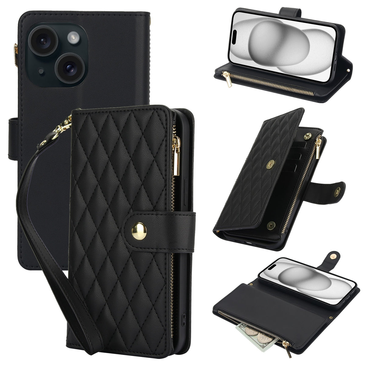 ELECTROPRIME For iPhone 15 Plus YM016 Rhombic Zipper Card Wallet Leather Phone Case with Lanyard(Black)
