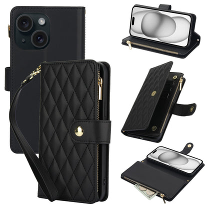 ELECTROPRIME For iPhone 15 Plus YM016 Rhombic Zipper Card Wallet Leather Phone Case with Lanyard(Black)