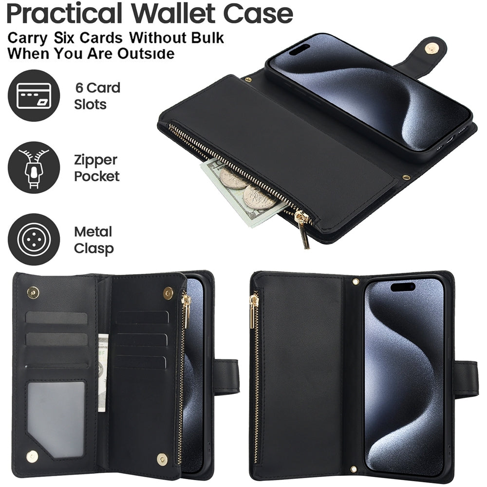 ELECTROPRIME For iPhone 15 Plus YM016 Rhombic Zipper Card Wallet Leather Phone Case with Lanyard(Black)