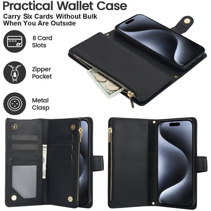 ELECTROPRIME For iPhone 15 Plus YM016 Rhombic Zipper Card Wallet Leather Phone Case with Lanyard(Black)