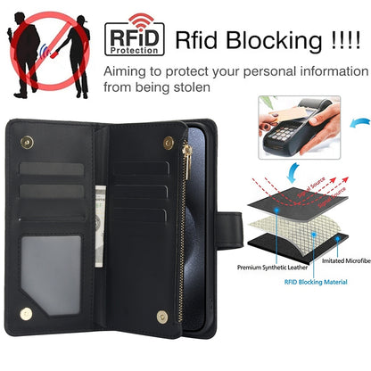 ELECTROPRIME For iPhone 15 Plus YM016 Rhombic Zipper Card Wallet Leather Phone Case with Lanyard(Black)