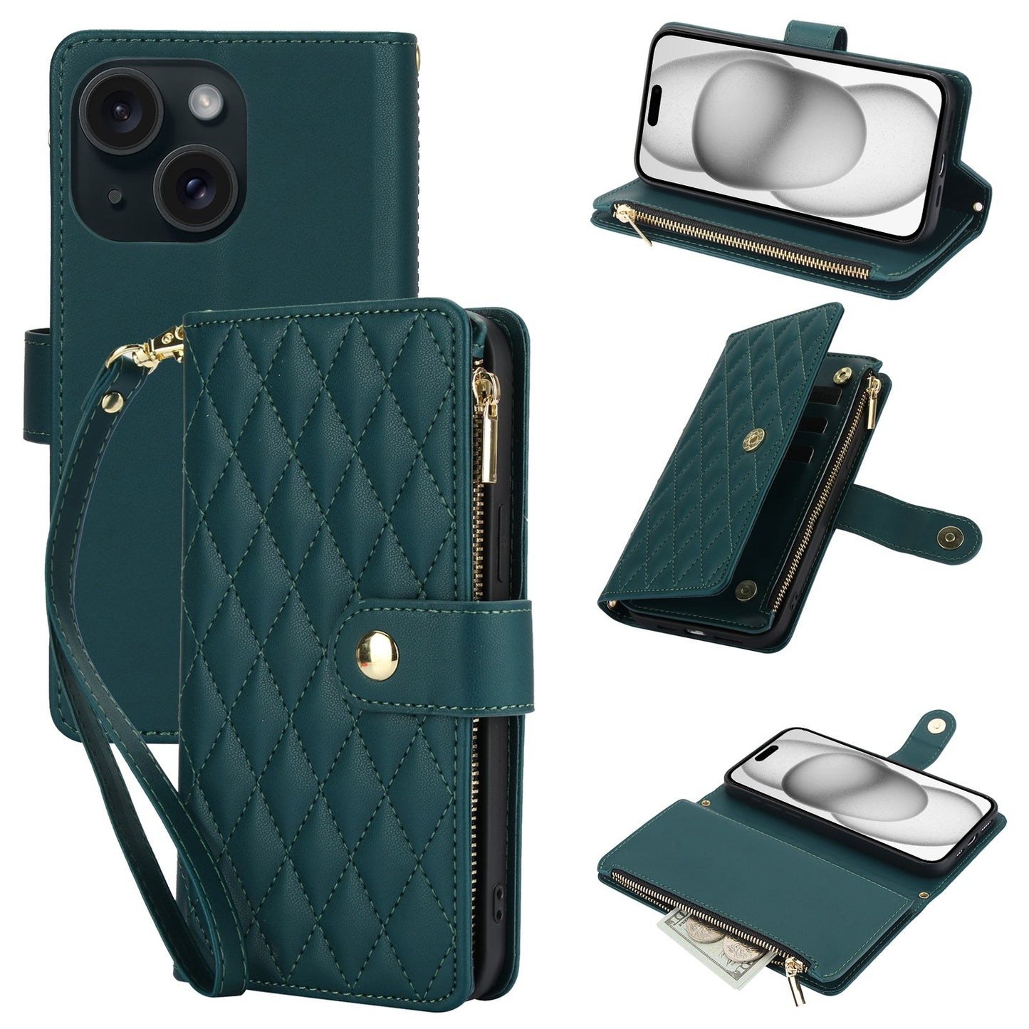 ELECTROPRIME For iPhone 15 YM016 Rhombic Zipper Card Wallet Leather Phone Case with Lanyard(Green)
