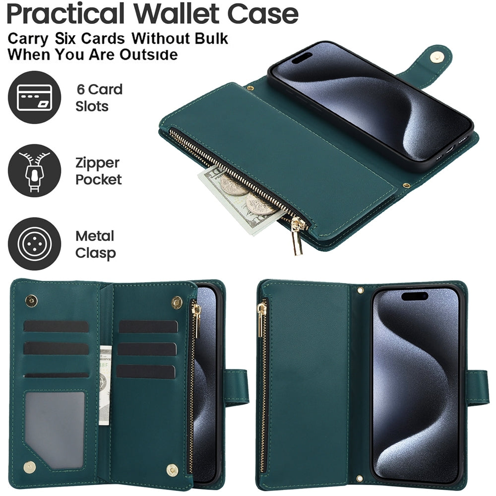 ELECTROPRIME For iPhone 15 YM016 Rhombic Zipper Card Wallet Leather Phone Case with Lanyard(Green)