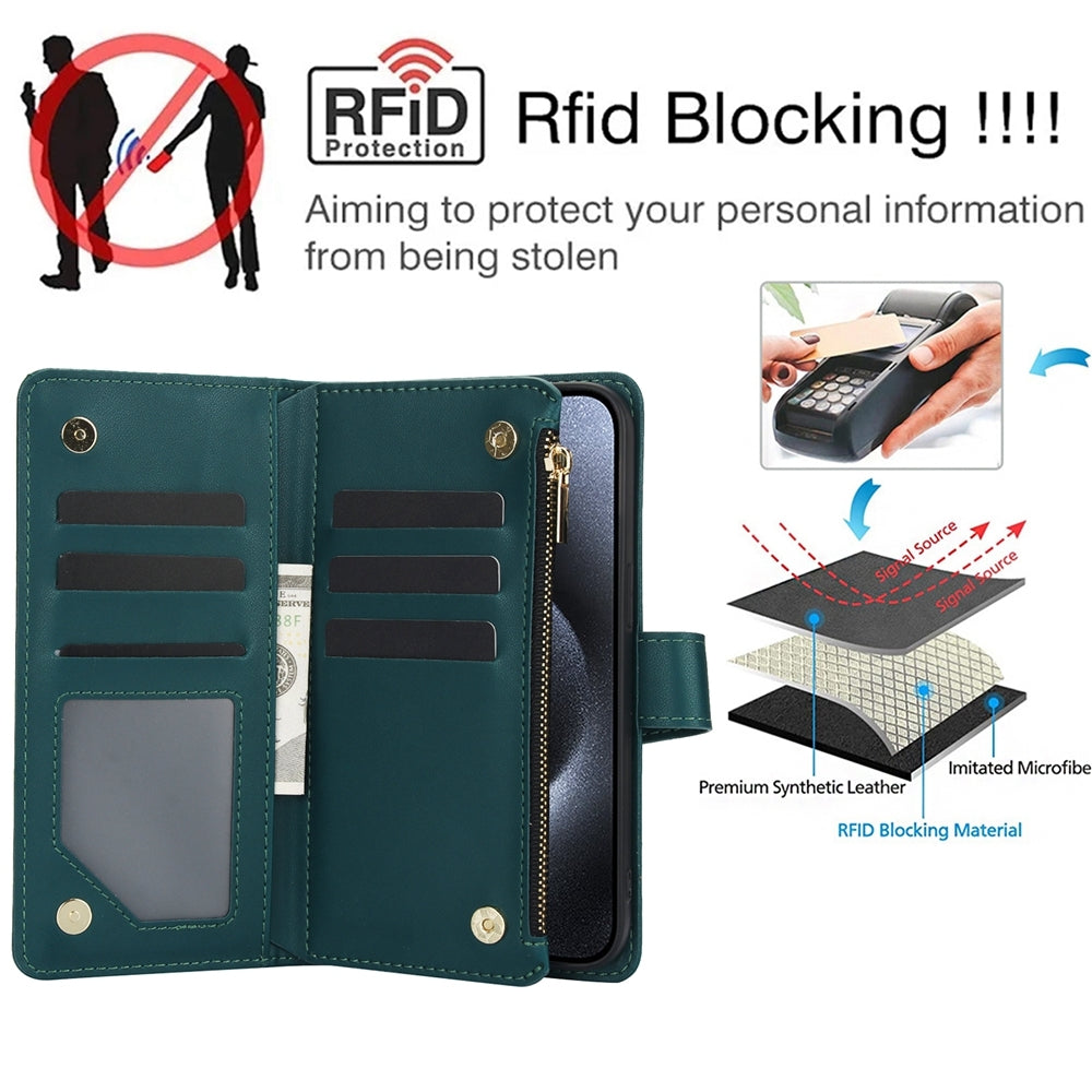 ELECTROPRIME For iPhone 15 YM016 Rhombic Zipper Card Wallet Leather Phone Case with Lanyard(Green)
