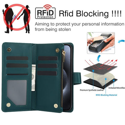 ELECTROPRIME For iPhone 15 YM016 Rhombic Zipper Card Wallet Leather Phone Case with Lanyard(Green)