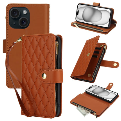 ELECTROPRIME For iPhone 15 YM016 Rhombic Zipper Card Wallet Leather Phone Case with Lanyard(Brown)