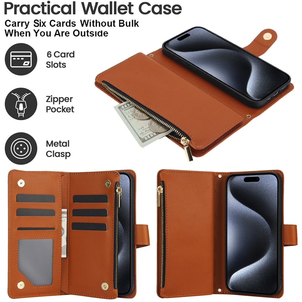 ELECTROPRIME For iPhone 15 YM016 Rhombic Zipper Card Wallet Leather Phone Case with Lanyard(Brown)