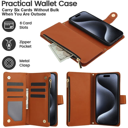 ELECTROPRIME For iPhone 15 YM016 Rhombic Zipper Card Wallet Leather Phone Case with Lanyard(Brown)