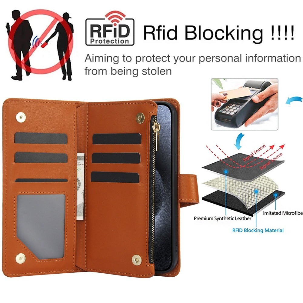 ELECTROPRIME For iPhone 15 YM016 Rhombic Zipper Card Wallet Leather Phone Case with Lanyard(Brown)