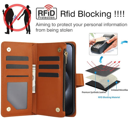 ELECTROPRIME For iPhone 15 YM016 Rhombic Zipper Card Wallet Leather Phone Case with Lanyard(Brown)