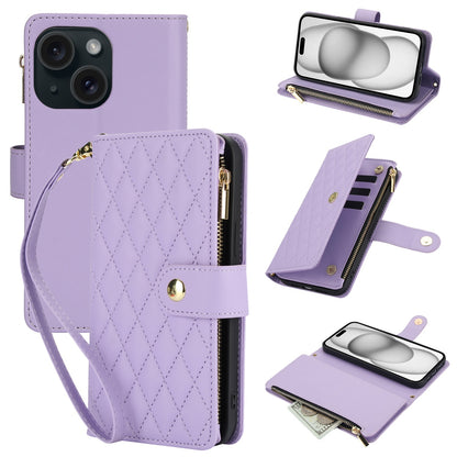 ELECTROPRIME For iPhone 15 YM016 Rhombic Zipper Card Wallet Leather Phone Case with Lanyard(Light Purple)