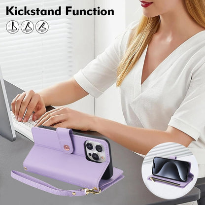 ELECTROPRIME For iPhone 15 YM016 Rhombic Zipper Card Wallet Leather Phone Case with Lanyard(Light Purple)