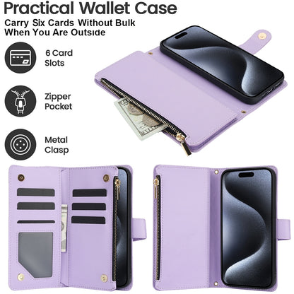 ELECTROPRIME For iPhone 15 YM016 Rhombic Zipper Card Wallet Leather Phone Case with Lanyard(Light Purple)