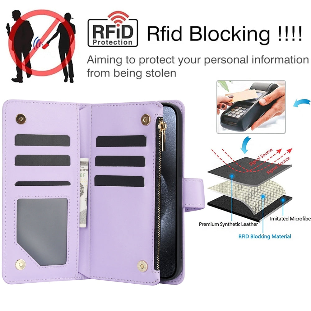 ELECTROPRIME For iPhone 15 YM016 Rhombic Zipper Card Wallet Leather Phone Case with Lanyard(Light Purple)