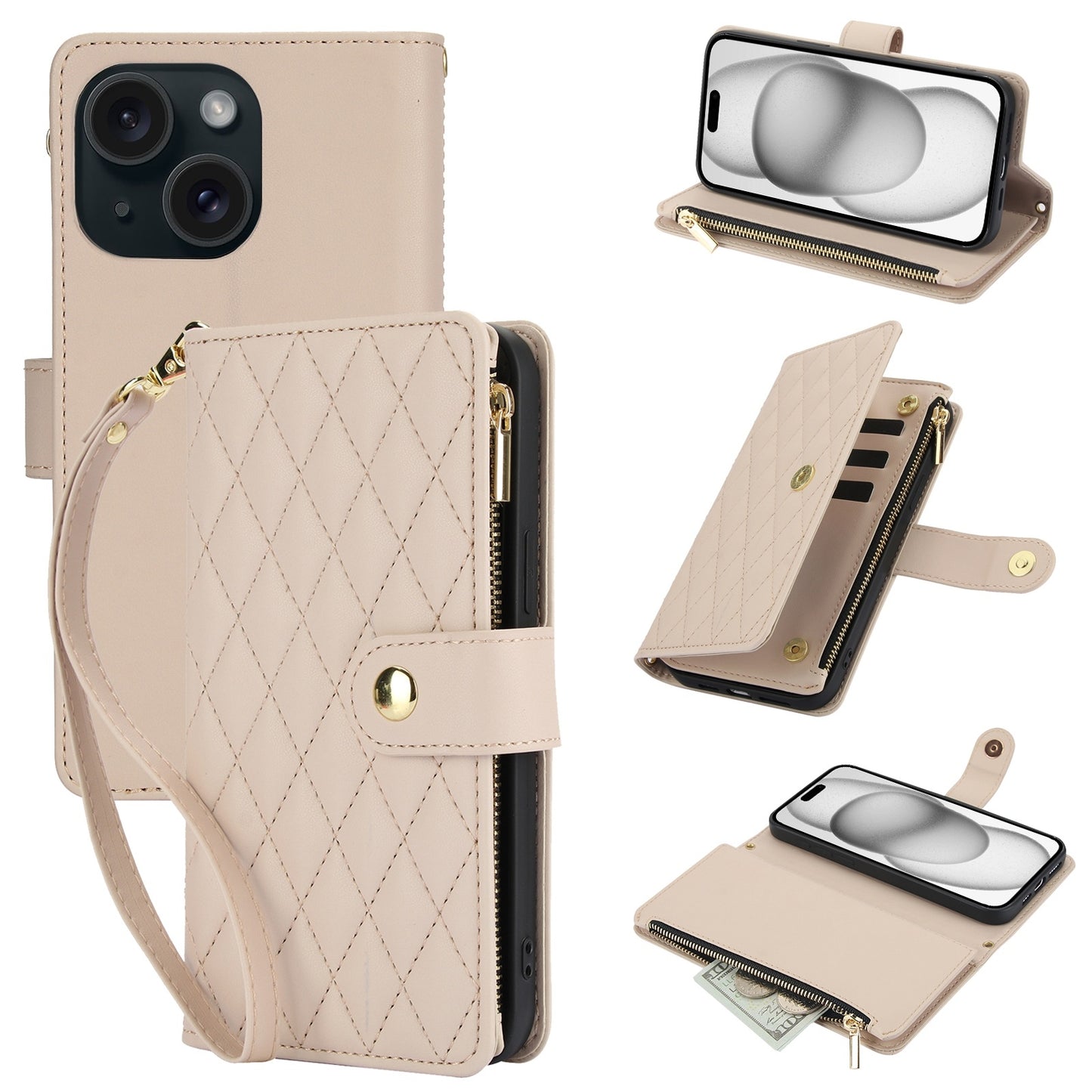 ELECTROPRIME For iPhone 15 YM016 Rhombic Zipper Card Wallet Leather Phone Case with Lanyard(Apricot)