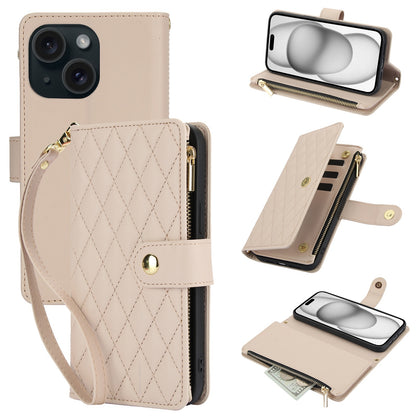 ELECTROPRIME For iPhone 15 YM016 Rhombic Zipper Card Wallet Leather Phone Case with Lanyard(Apricot)