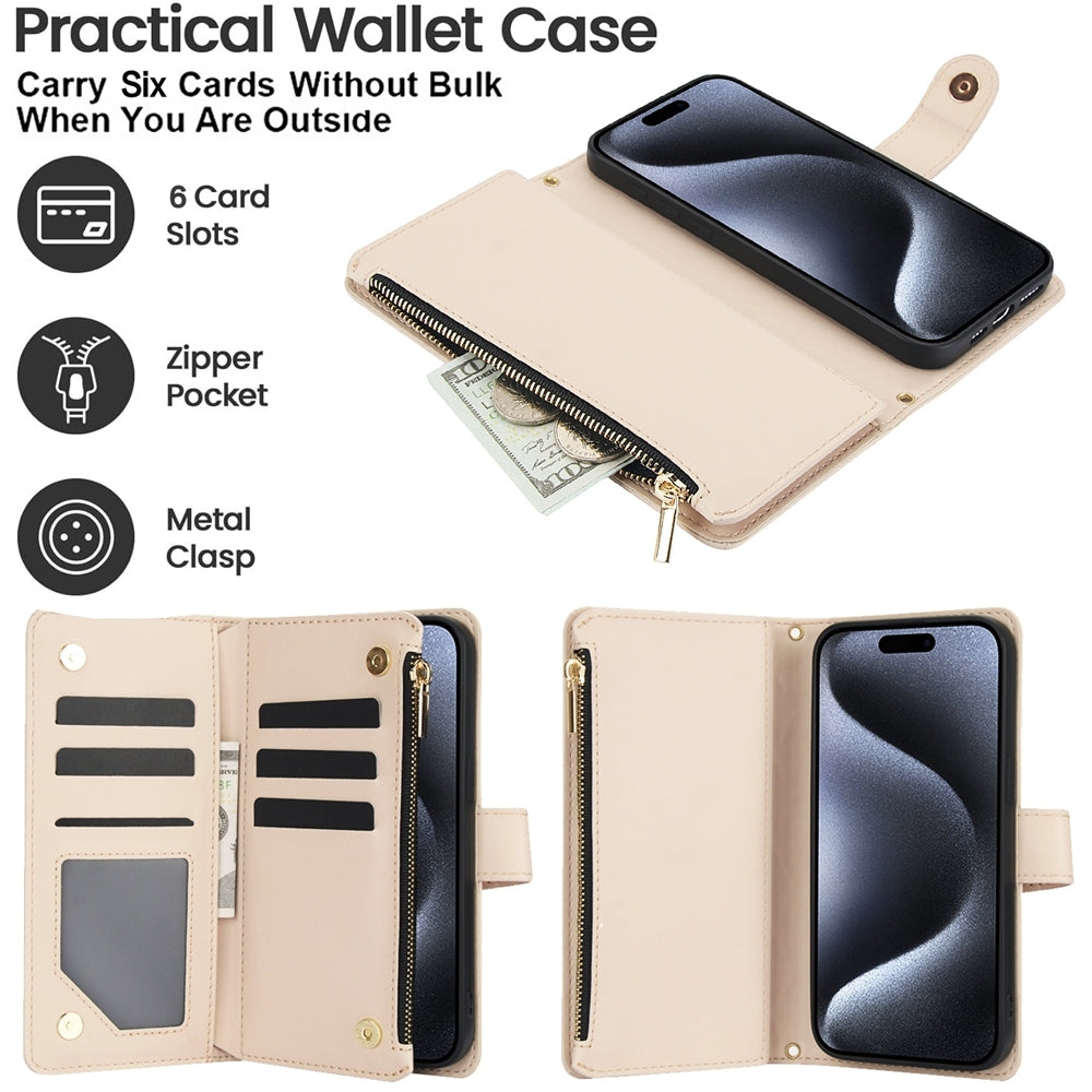 ELECTROPRIME For iPhone 15 YM016 Rhombic Zipper Card Wallet Leather Phone Case with Lanyard(Apricot)