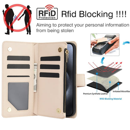 ELECTROPRIME For iPhone 15 YM016 Rhombic Zipper Card Wallet Leather Phone Case with Lanyard(Apricot)