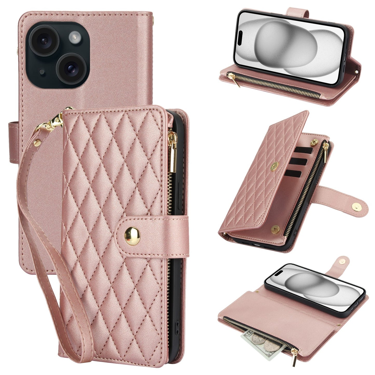 ELECTROPRIME For iPhone 15 YM016 Rhombic Zipper Card Wallet Leather Phone Case with Lanyard(Rose Gold)
