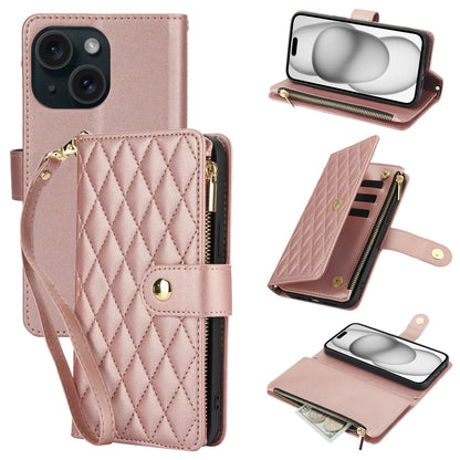 ELECTROPRIME For iPhone 15 YM016 Rhombic Zipper Card Wallet Leather Phone Case with Lanyard(Rose Gold)
