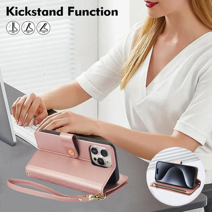 ELECTROPRIME For iPhone 15 YM016 Rhombic Zipper Card Wallet Leather Phone Case with Lanyard(Rose Gold)
