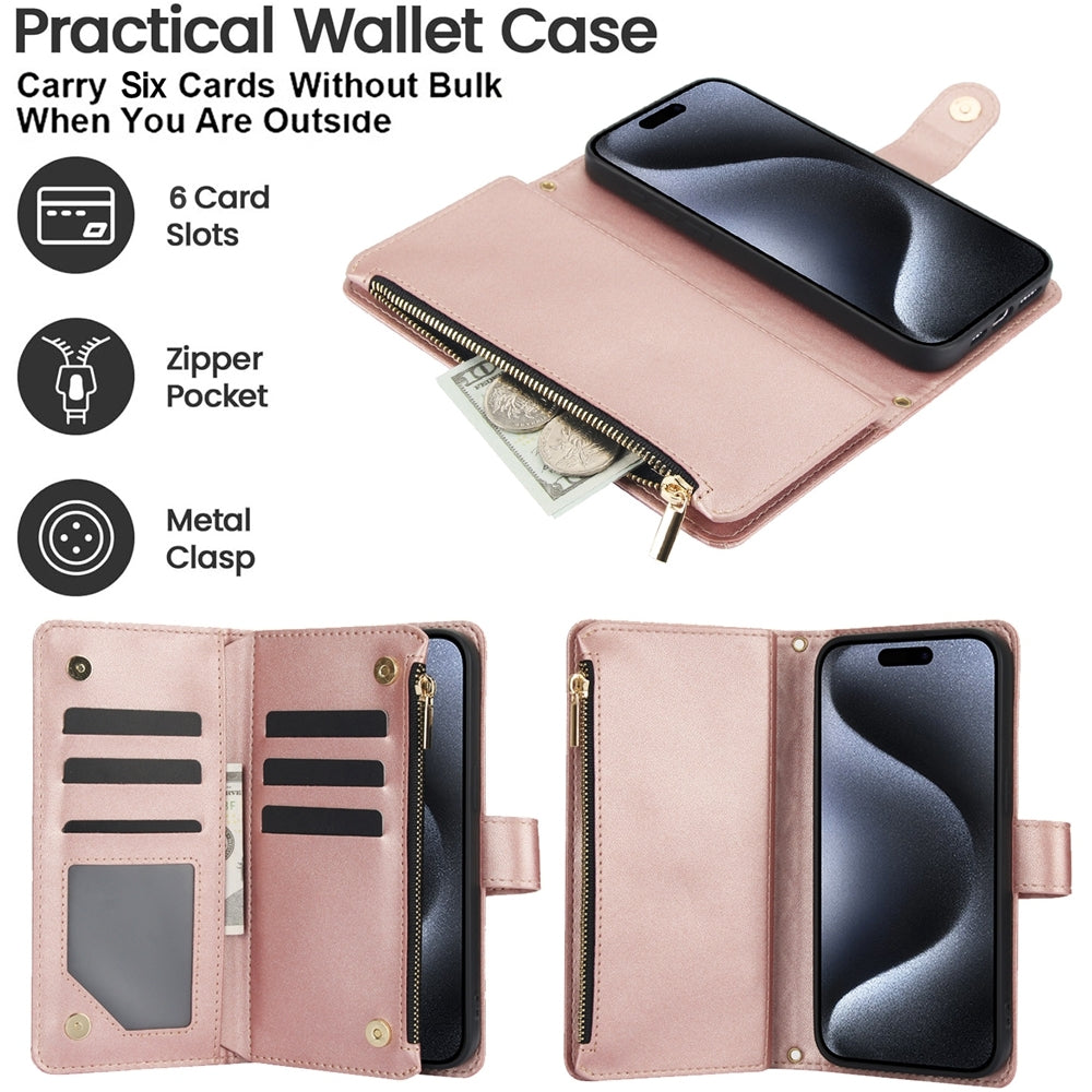 ELECTROPRIME For iPhone 15 YM016 Rhombic Zipper Card Wallet Leather Phone Case with Lanyard(Rose Gold)