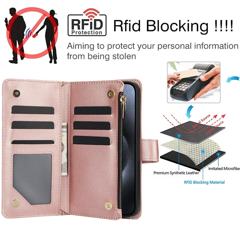 ELECTROPRIME For iPhone 15 YM016 Rhombic Zipper Card Wallet Leather Phone Case with Lanyard(Rose Gold)